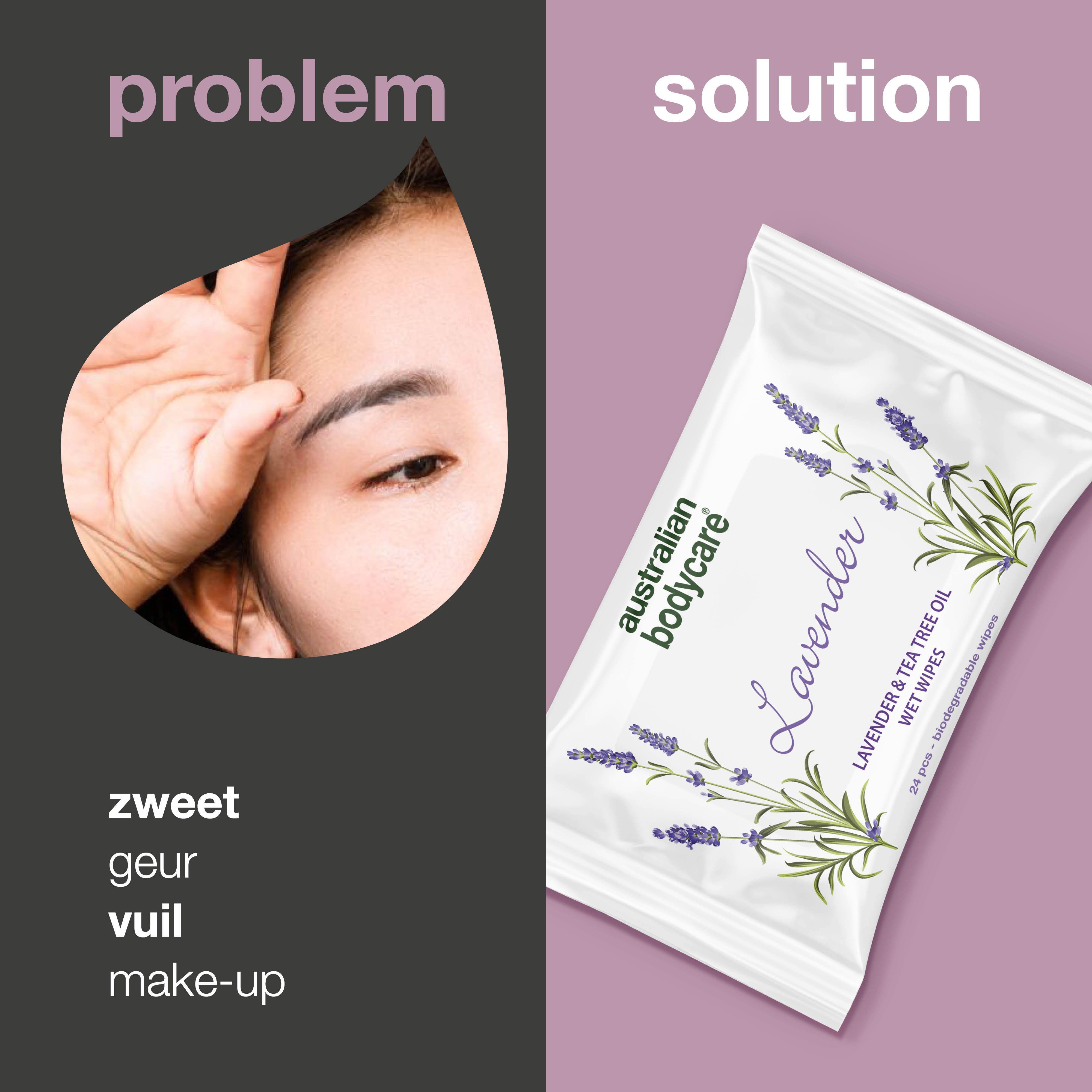 Gezicht met probleem, ernaast verpakking. Tekst: Australian Bodycare, Lavender, Wet Wipes.