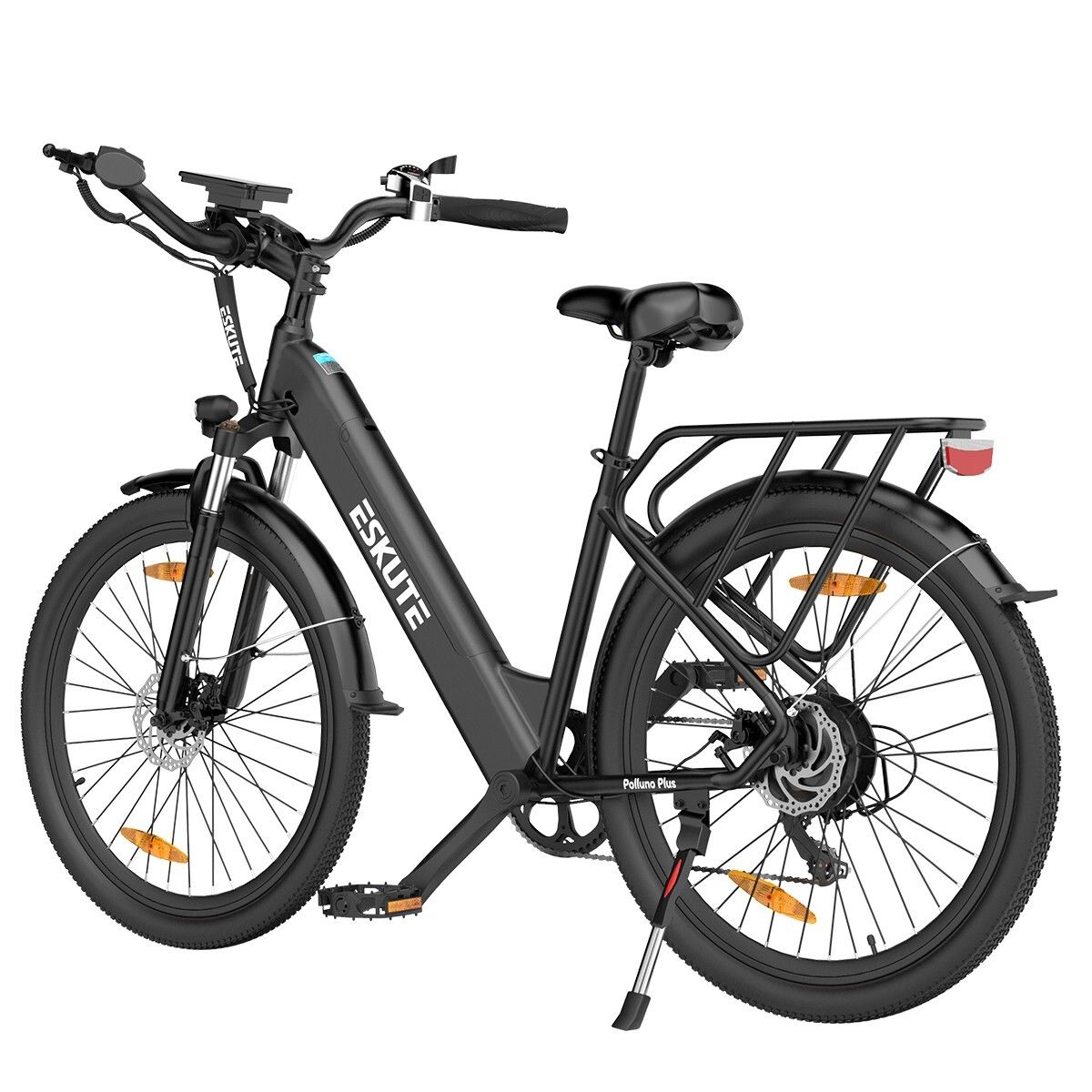 Vélo électrique ESKUTE Polluno Plus noir. Porte-bagages, garde-boue, feu arrière. Batterie 36V 20Ah.