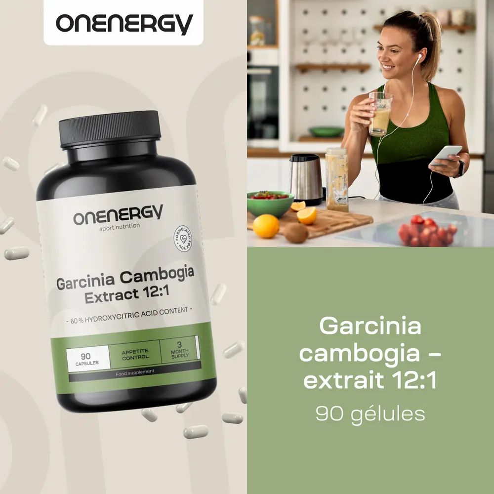 Trois bouteilles OnEnergy Garcinia Cambogia Extrait 12:1. Gélules dispersées. Texte: 'Aide naturelle'.