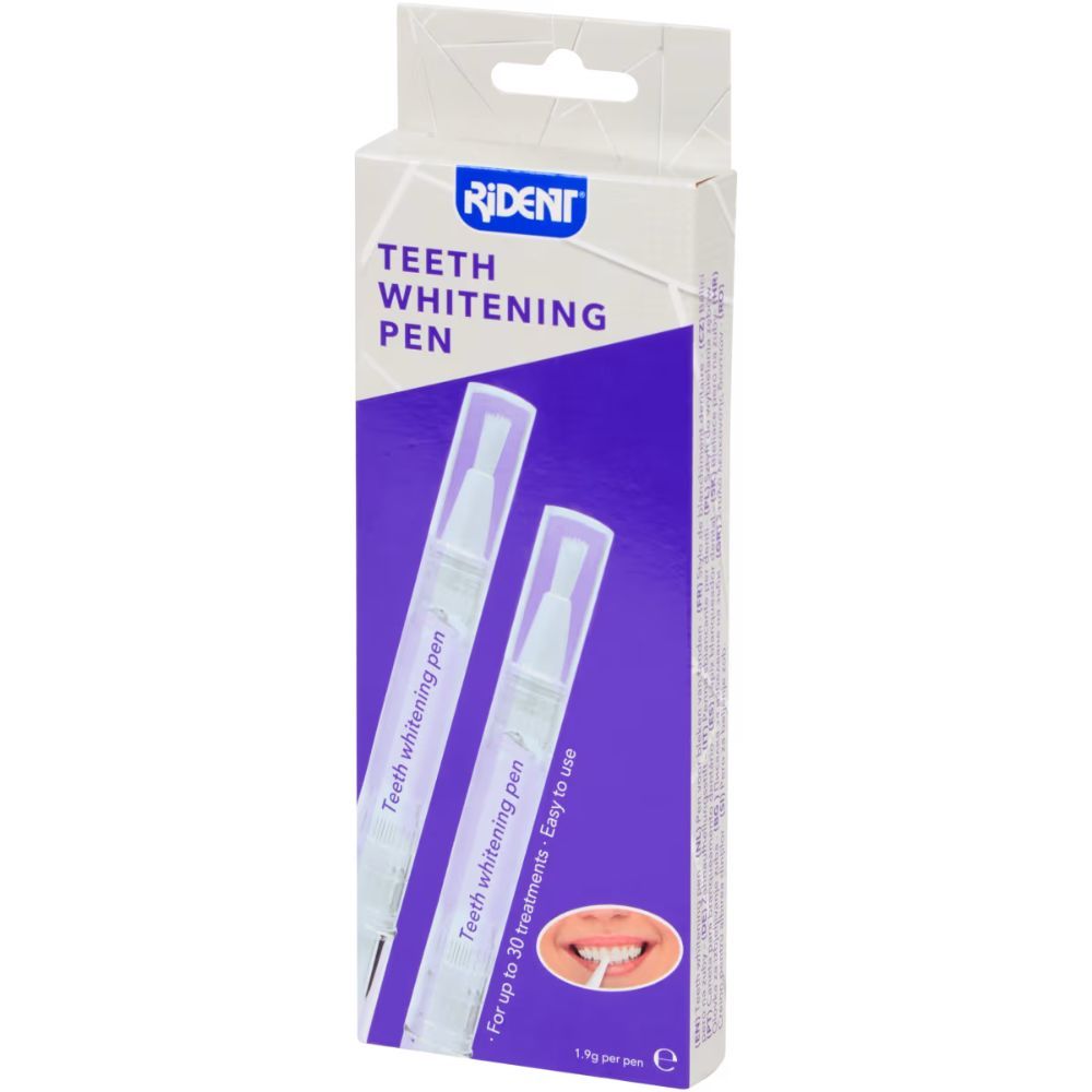 Emballage avec deux stylos blanchissants. Inscription : Rident, Teeth Whitening Pen. Illustration d'une bouche.