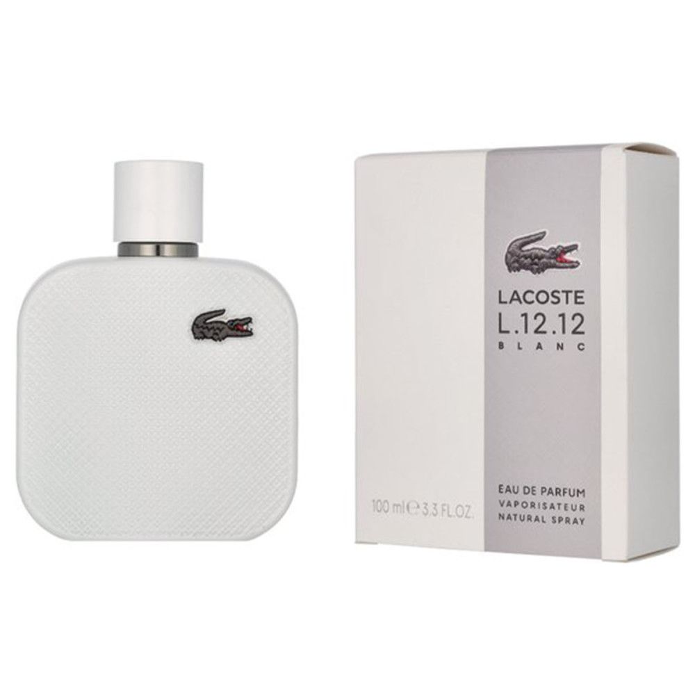 Flacon et emballage blancs. Flacon avec logo crocodile. Emballage avec logo et nom du produit.