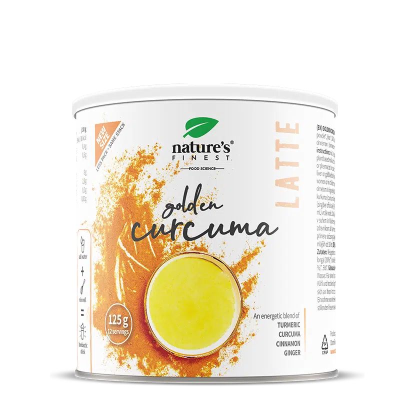 Blikje Nature's Finest Golden Curcuma Latte, 125g, met ingrediëntenlijst en bereidingssymbolen.