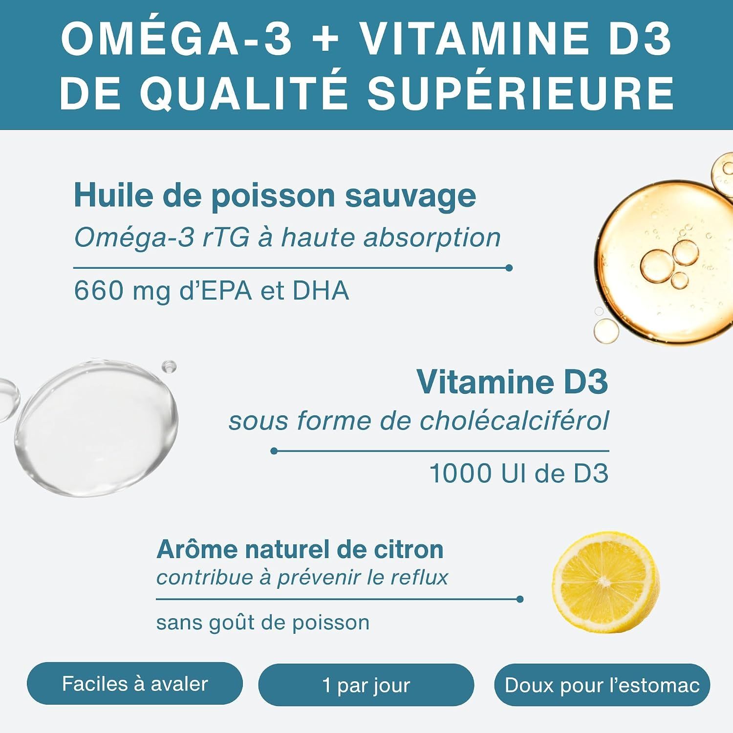 Oméga-3 + Vitamine D3 haute concentration. 660mg EPA/DHA, 1000 UI D3. Citron, sans goût de poisson.