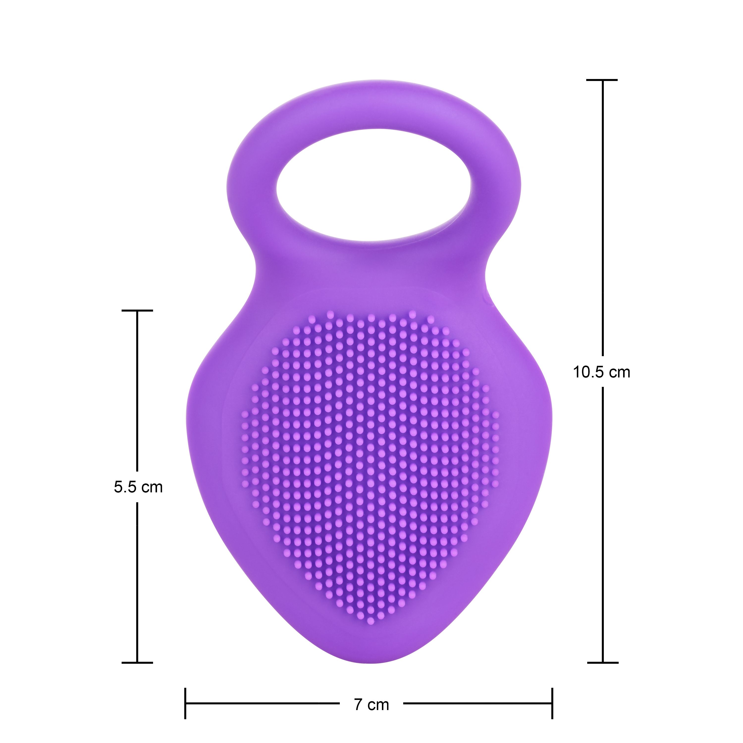 Produit violet avec poignée en anneau et zone texturée. Dimensions: 10,5 cm de haut, 7 cm de large, 5,5 cm de profondeur.