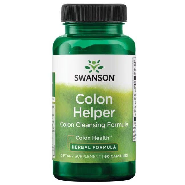 Flacon vert, bouchon noir. Inscription: SWANSON Colon Helper, Colon Cleansing Formula, Herbal Formula. 60 gélules.