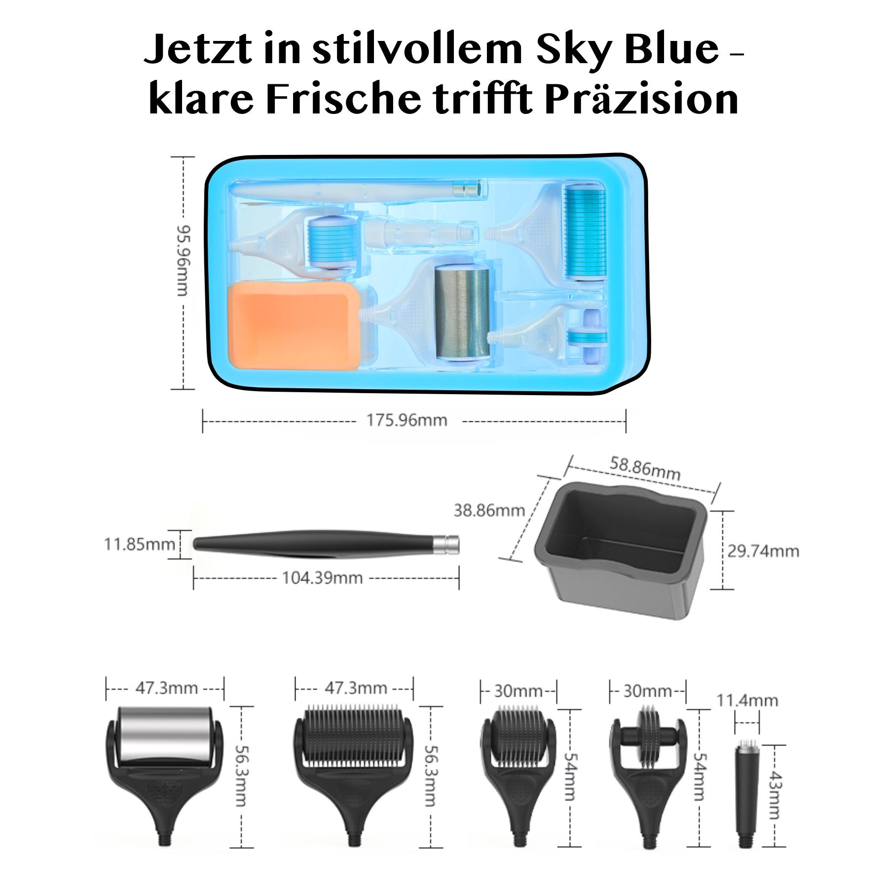 Productset met verschillende derma rollers en accessoires. Bevat maten en afmetingen van de componenten.