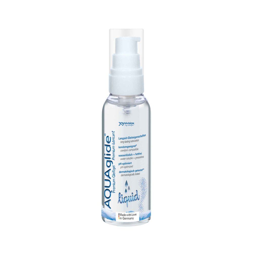 Flacon transparent avec pompe blanche. Inscription: AQUAglide liquid. Contient des informations sur la composition et le pH. Fabriqué en Allemagne.