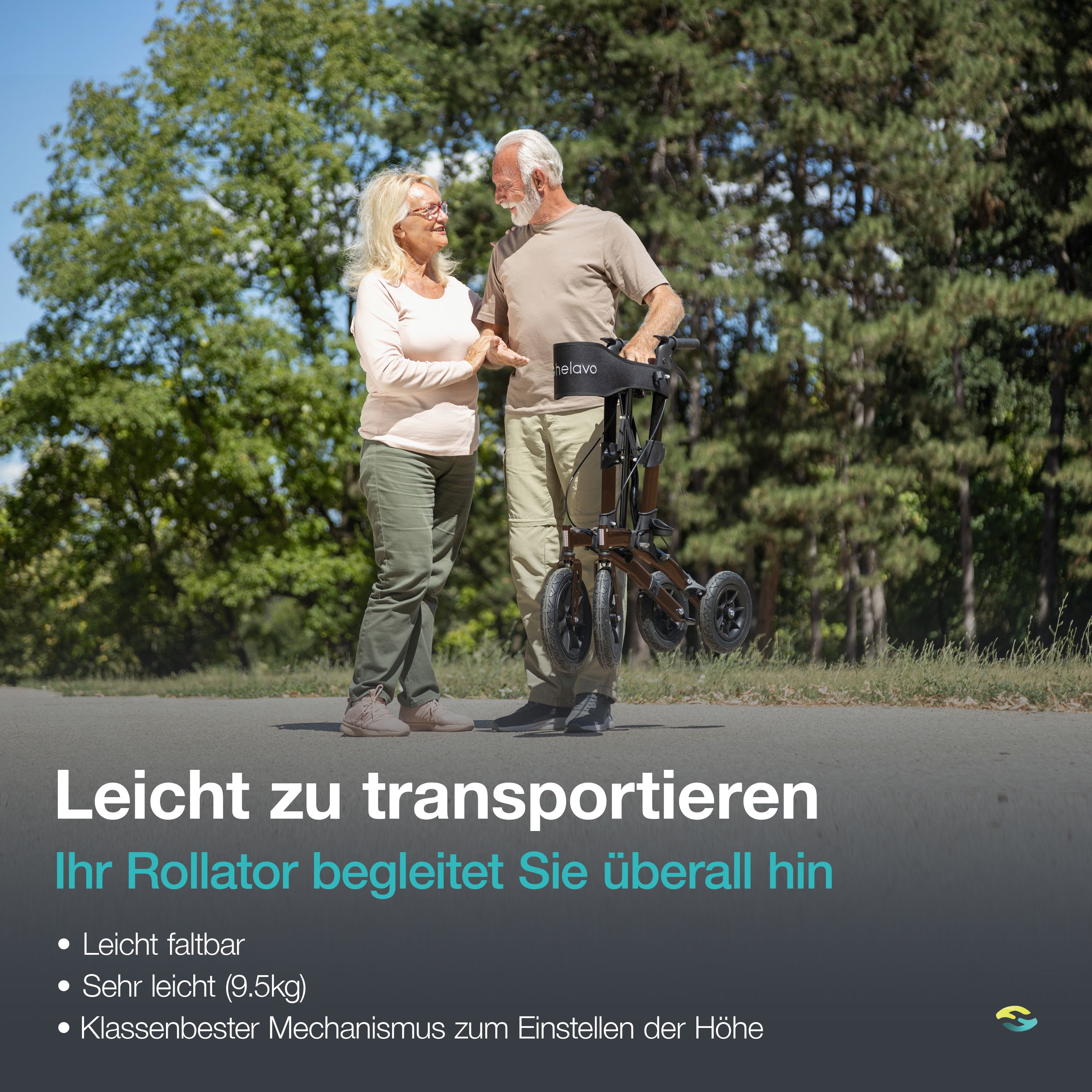 Rollator Helavo plié, facile à transporter, avec siège et poignées.