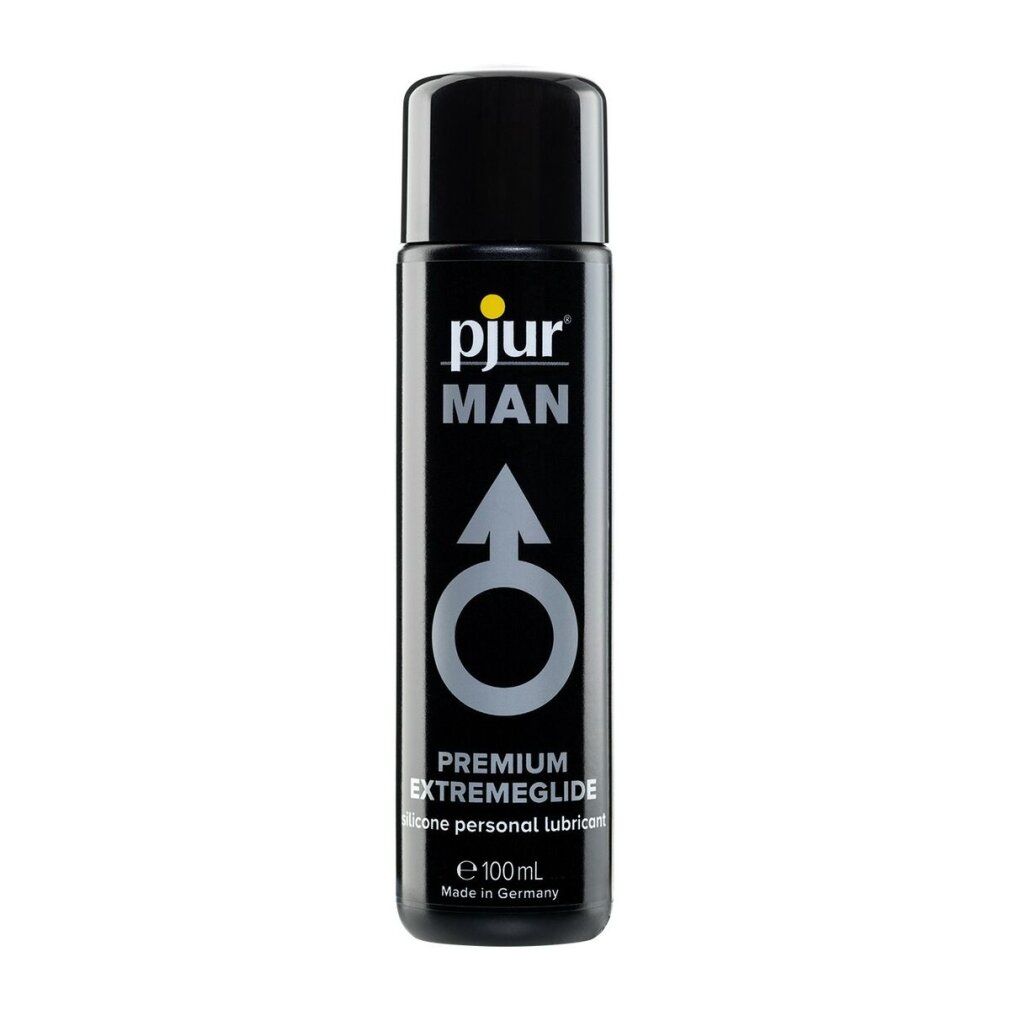 Zwarte fles met geel pjur-logo en tekst MAN. Tekst: PREMIUM EXTREMEGLIDE. Mannelijk symbool. SILICONE PERSONAL LUBRICANT. 100ml/3.4 fl.oz.