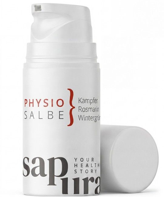 Witte pompflacon met dop. Etiket: Physio Salbe, Kampfer, Rosmarin, Wintergrün, sap pura.