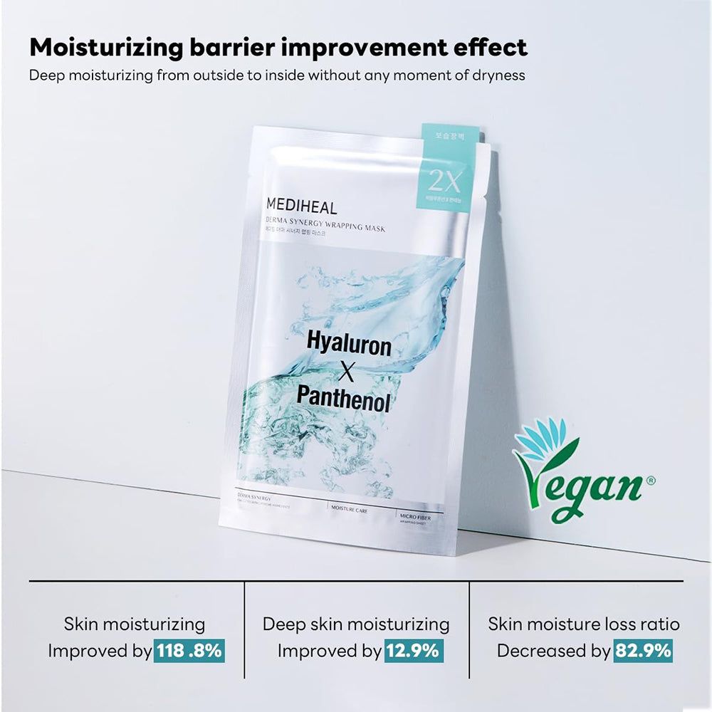 Emballage du masque MEDIHEAL. Contient Hyaluron et Panthenol. Logo Vegan.