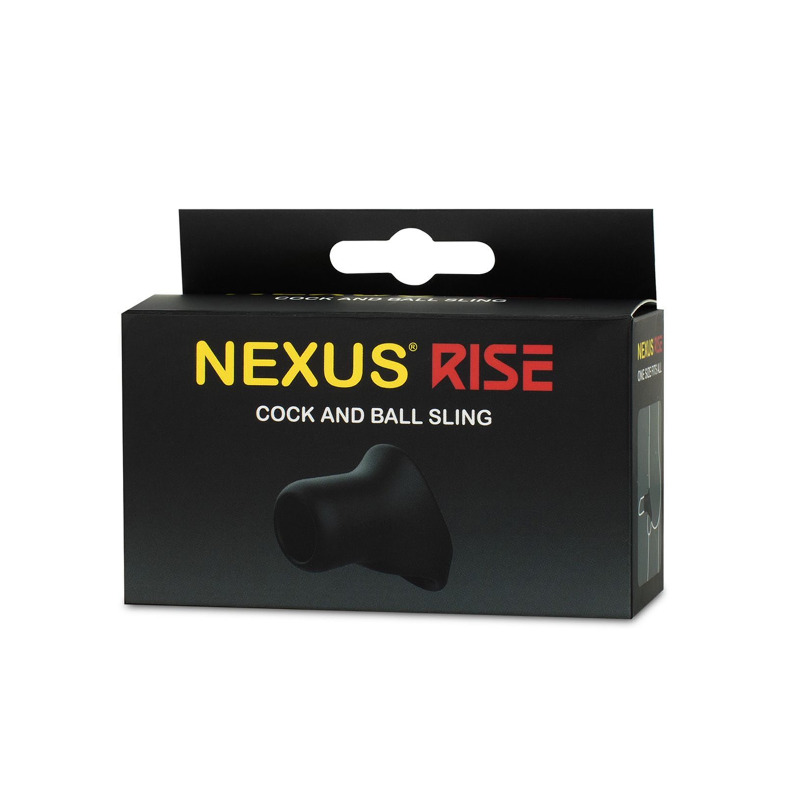 Zwarte productverpakking met de opdruk "NEXUS RISE COCK AND BALL SLING".