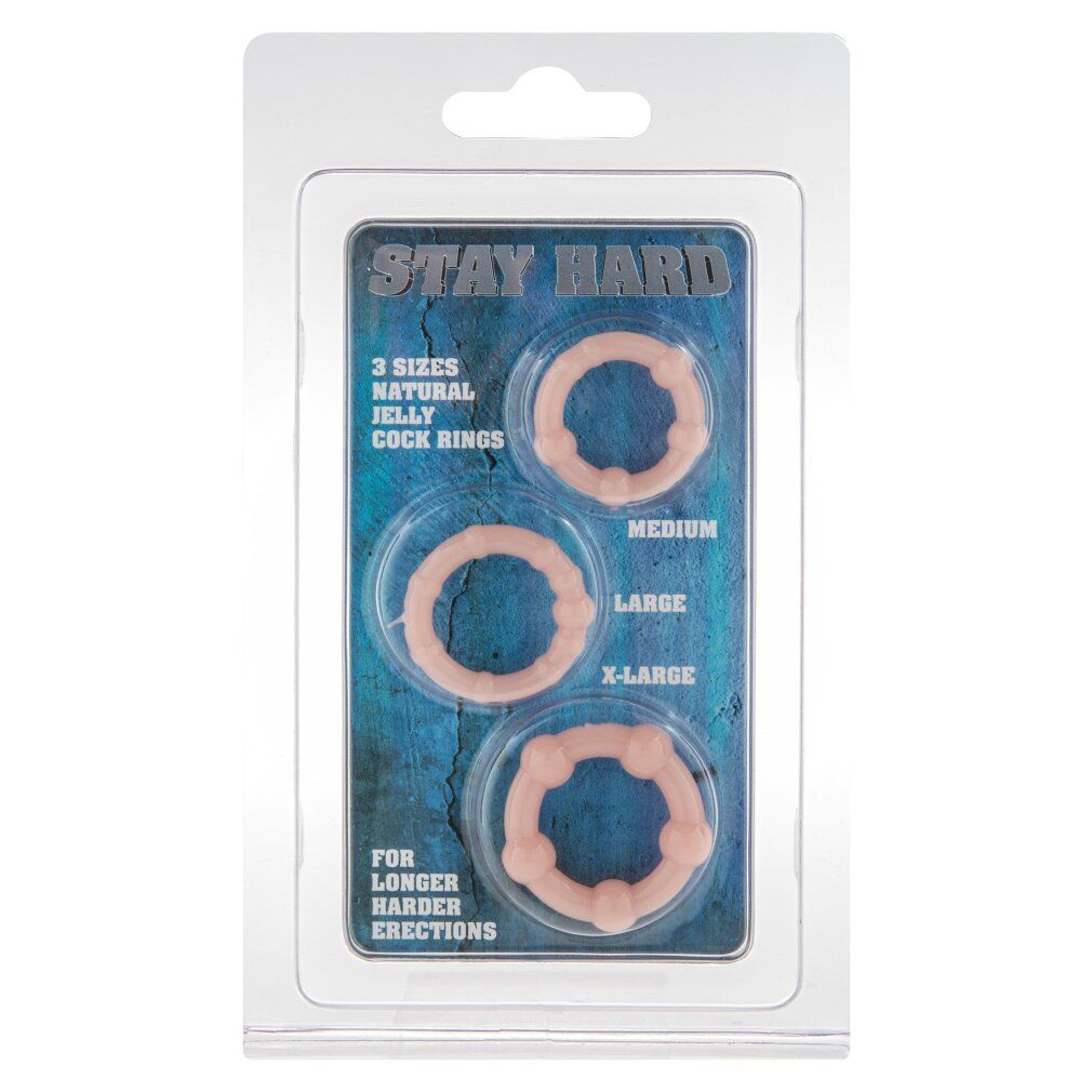 Verpakking met drie roze jelly penisringen in de maten Medium, Large en X-Large.