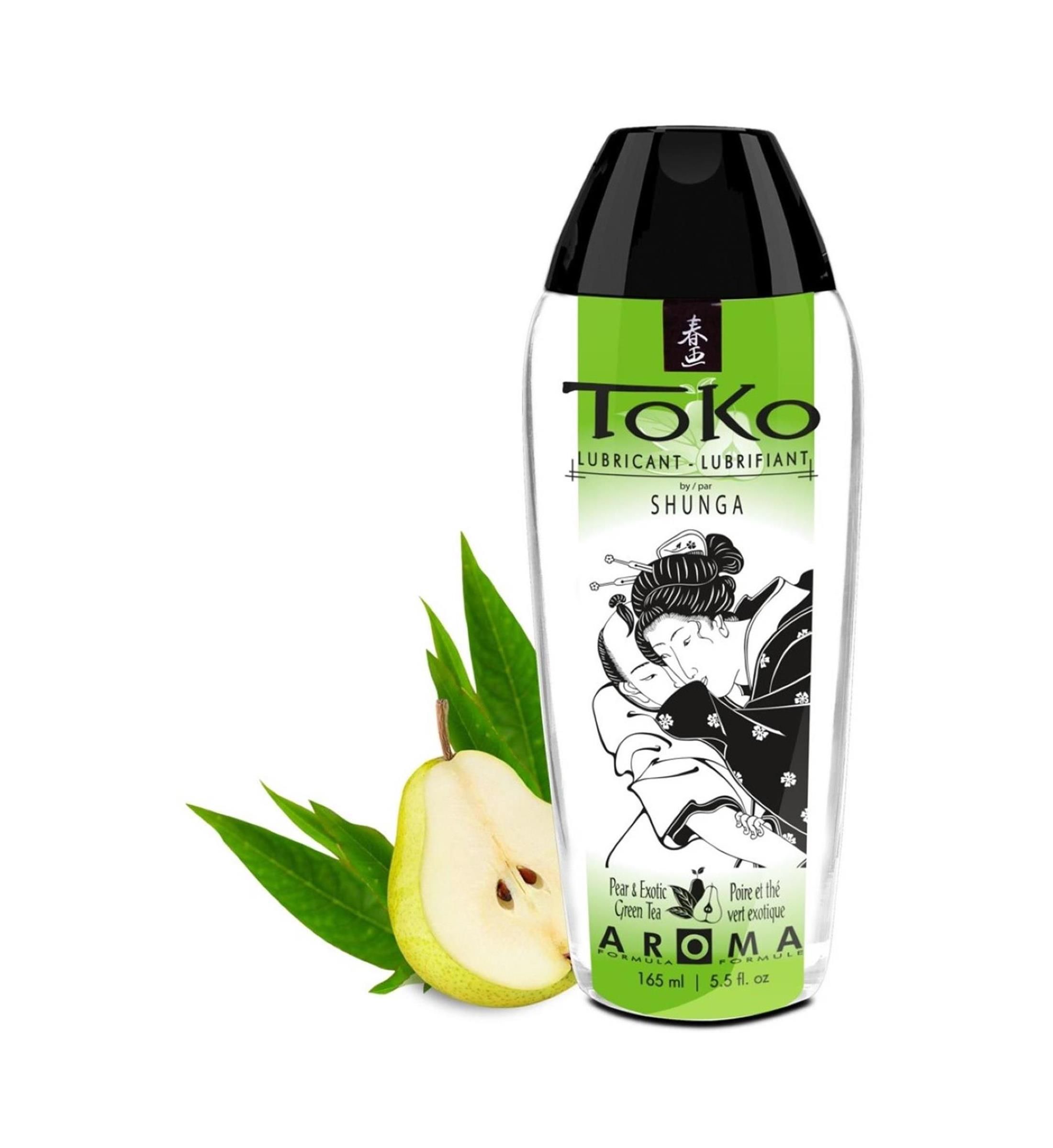 Bouteille de lubrifiant Toko avec bouchon noir, étiquette verte, illustration japonaise, poire et feuilles.