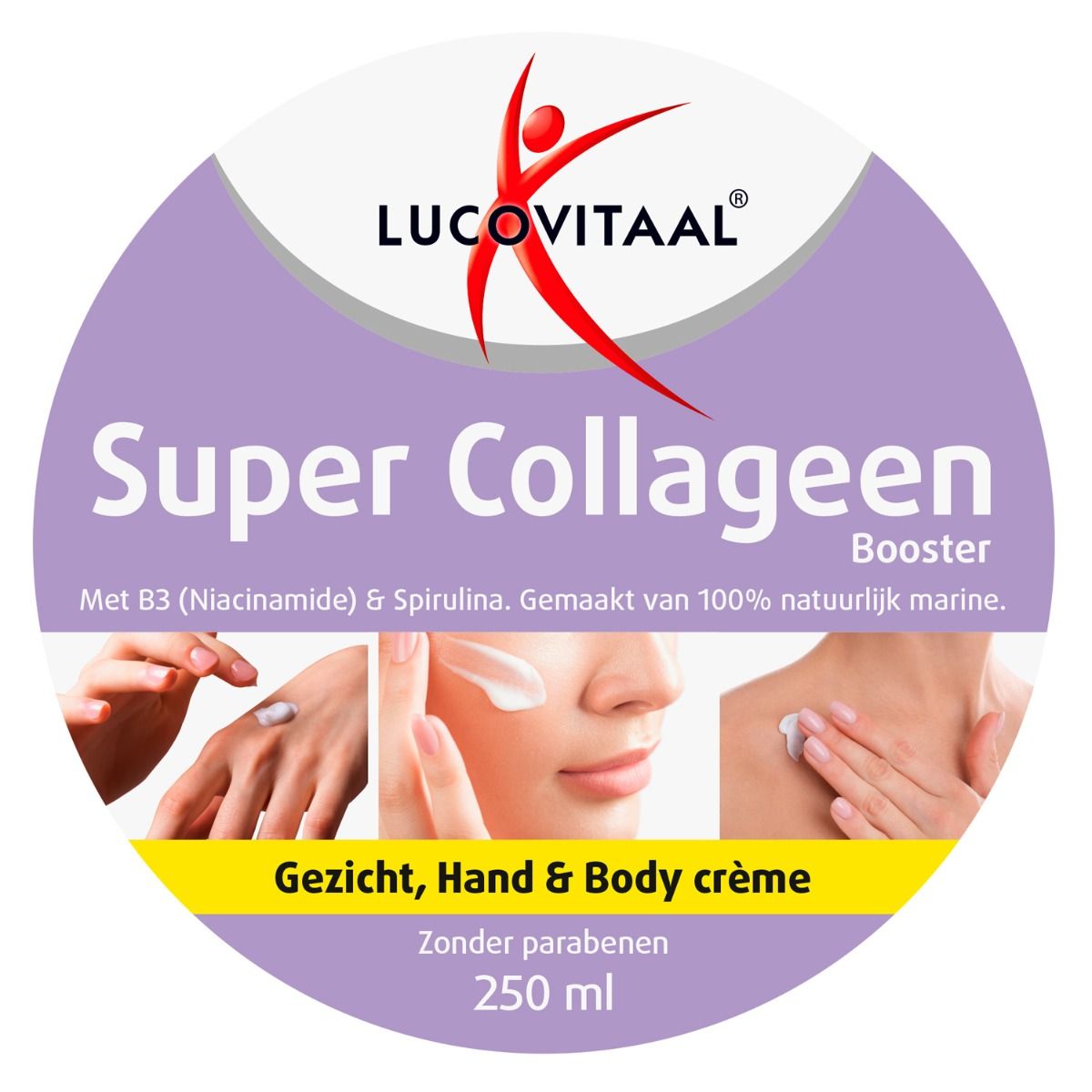 Ronde deksel van de crèmepot. Logo 'LUCOVITAAL'. Tekst: 'Super Collageen Booster'. Afbeeldingen van gebruik.