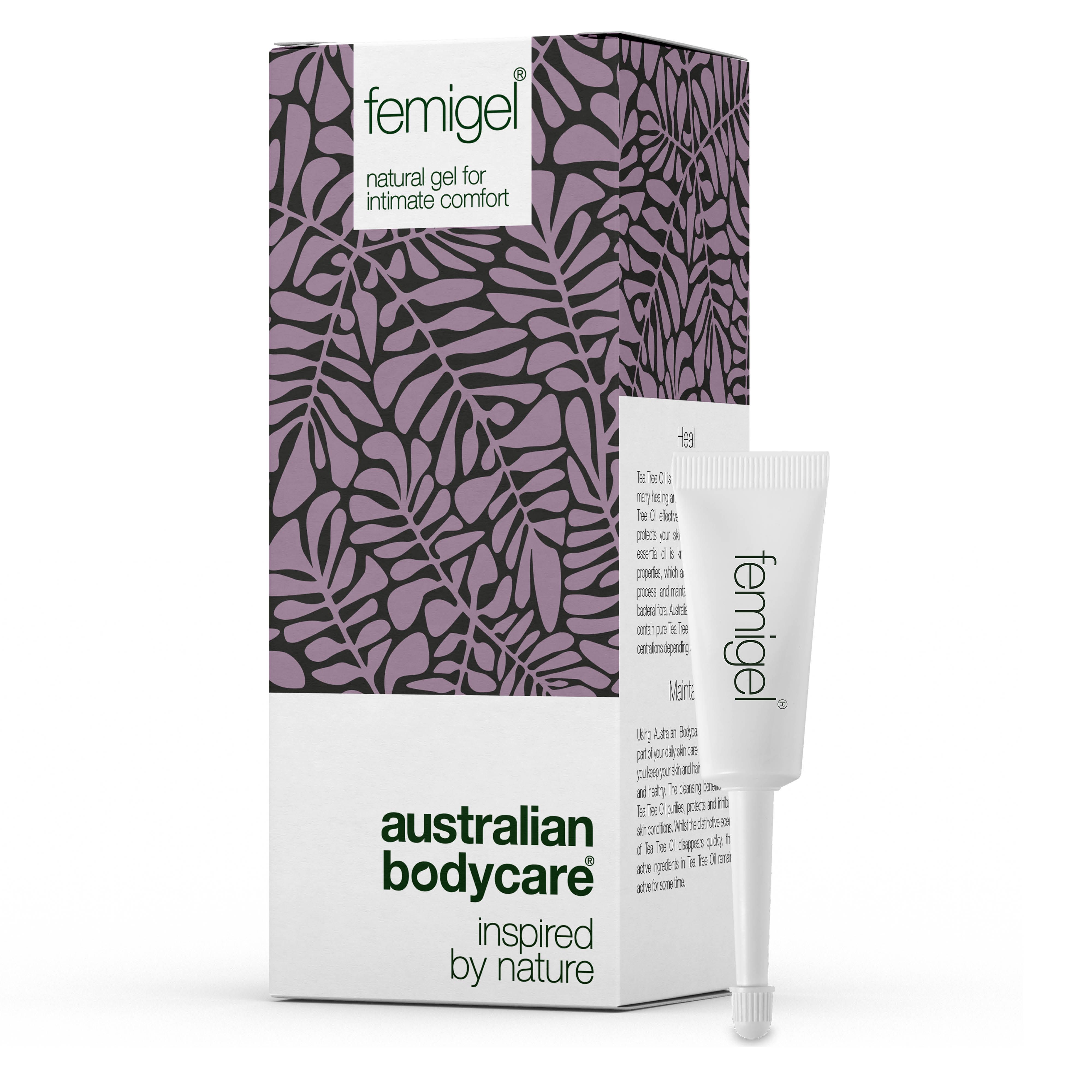 Tube de gel Femigel blanc avec applicateur et emballage. Inscription : Femigel, Australian Bodycare.