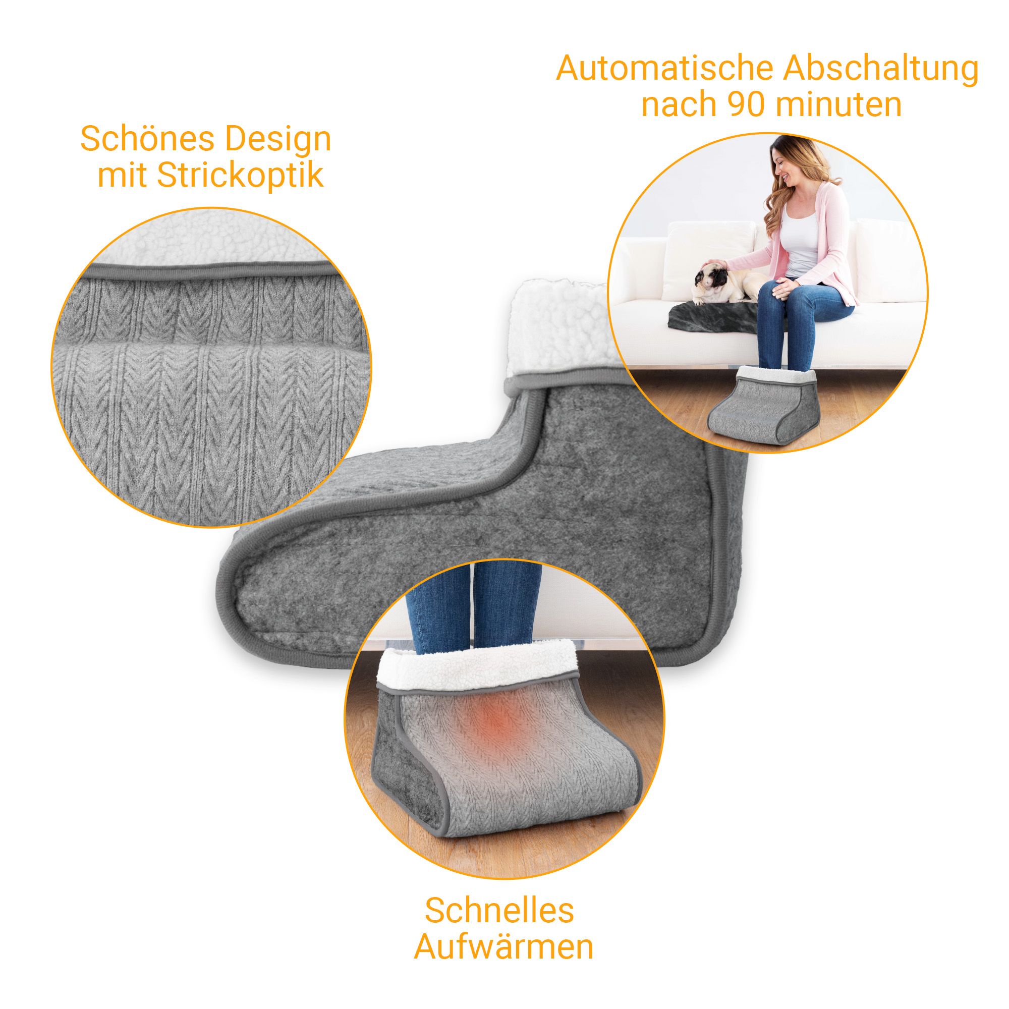 Voetverwarmer met gebreid uiterlijk, massagefunctie en automatische uitschakeling.