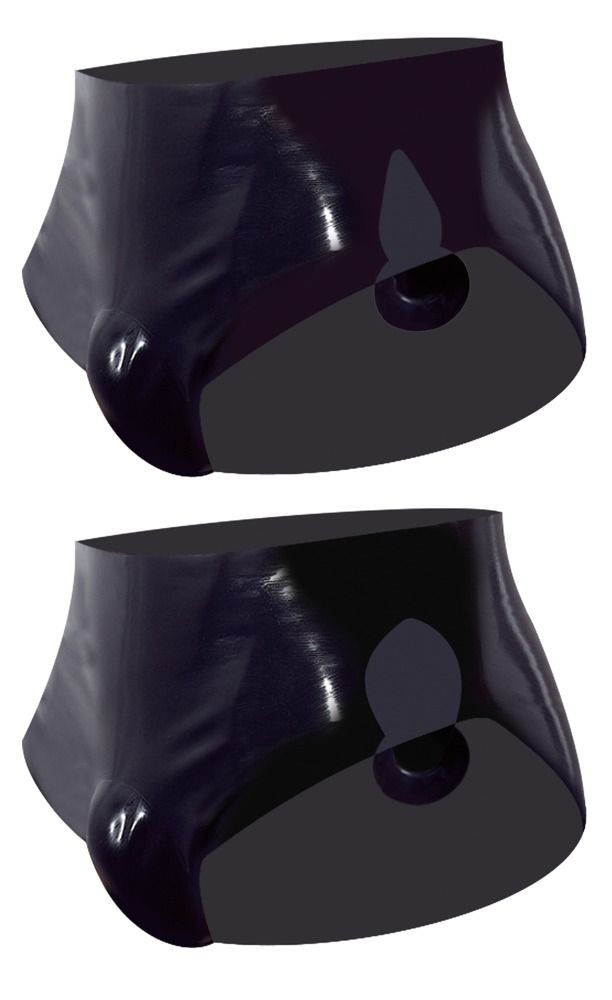 Gedetailleerde weergave van een zwarte latex slip met geïntegreerde plug.