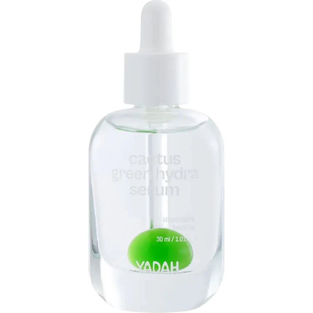 Transparante fles met witte dop en pipet. Bevat groene bolletjes en vloeistof. Opschrift: YADAH Kaktus Green Hydra Serum.