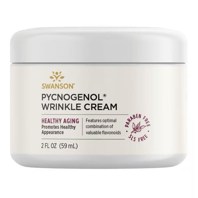 Pot de crème avec couvercle. Inscription: SWANSON Pycnogenol Wrinkle Cream. Contient du texte sur les ingrédients et les caractéristiques. Sans parabène et SLS.