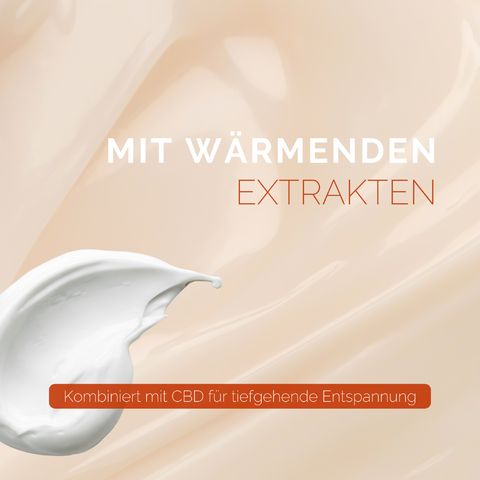 Tache de crème. Texte: Avec des extraits chauffants. Combiné avec du CBD pour une détente en profondeur.