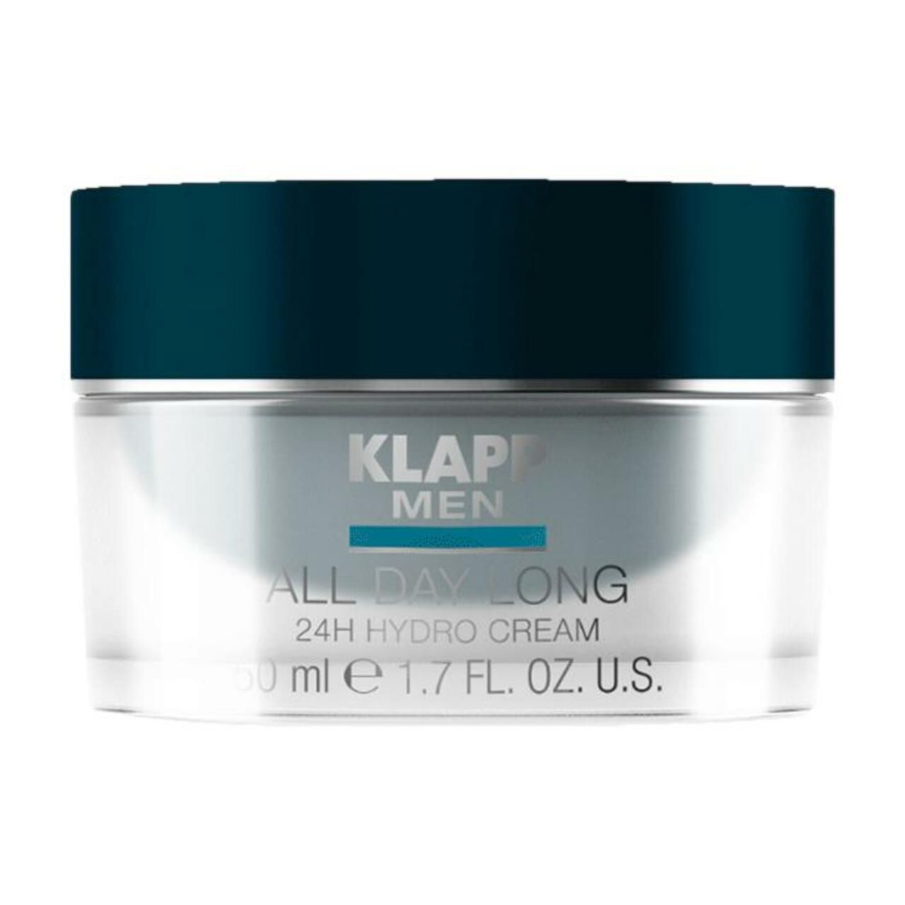 Crèmepot met blauwe deksel. Opschrift: KLAPP MEN ALL DAY LONG 24H HYDRO CREAM.
