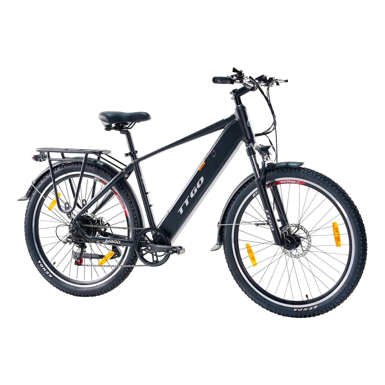 Zwarte TTGO M300 elektrische fiets. Bagagedrager, spatborden, gele reflectoren. Kenda banden.