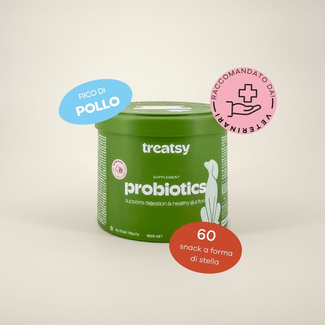 Boîte verte « Treatsy Probiotics ». Autocollants bleus et rouges. 60 snacks en forme d'étoile. Recommandé par les vétérinaires.