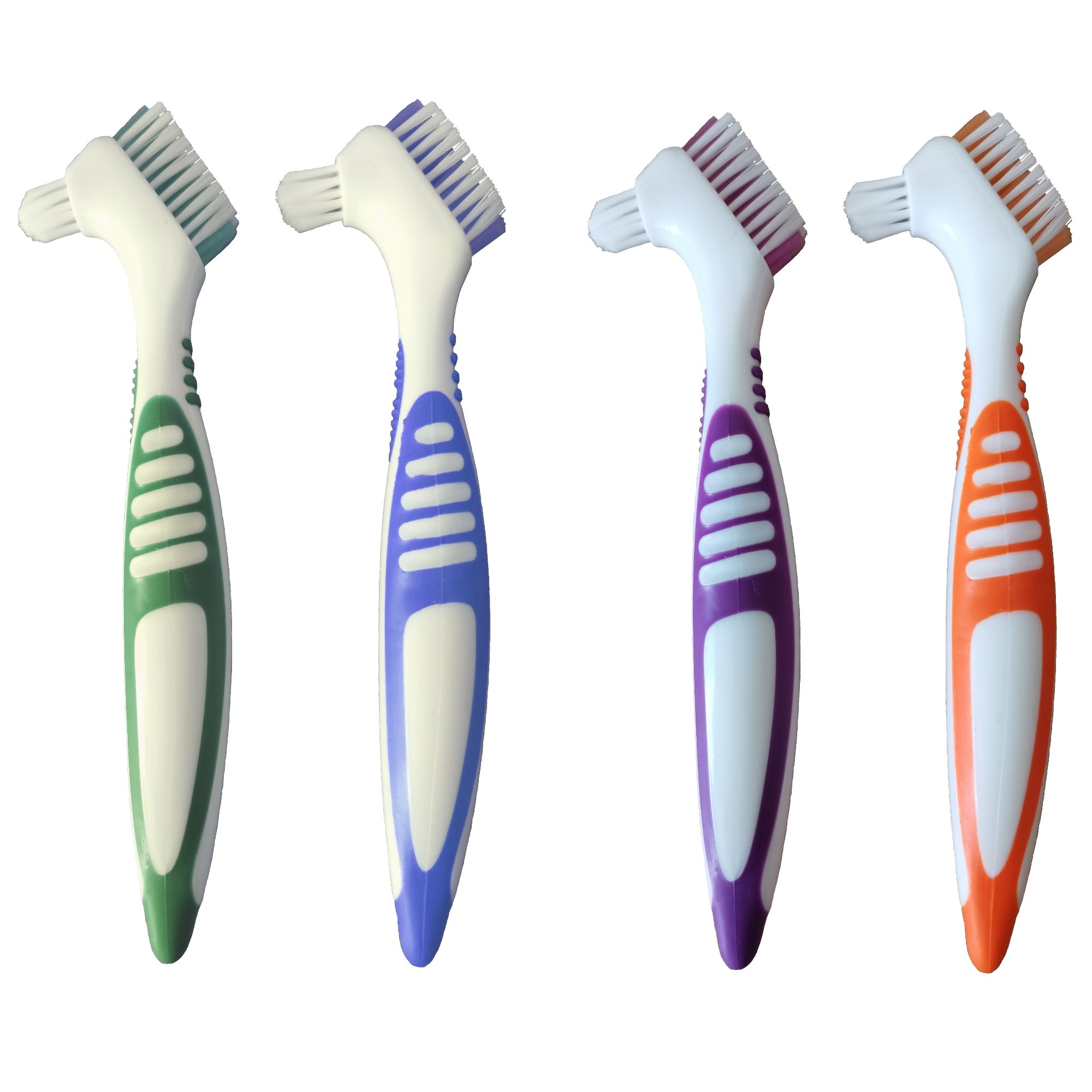 Quatre brosses à dents pour prothèses avec manches colorés : vert, bleu, violet et orange. Marque : OneBuy24.