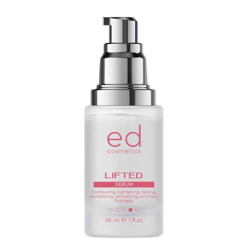 Flacon de sérum avec pompe. Inscription "ed cosmetics" et "LIFTED Serum". 30 ml.
