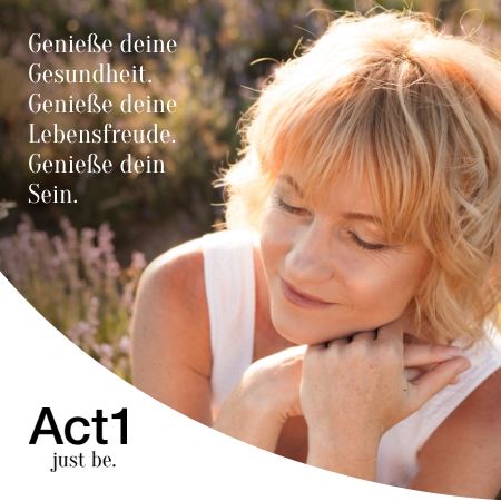 Portret van een vrouw met gesloten ogen. Tekst: Geniet van je gezondheid. Geniet van je levensvreugde. Geniet van je zijn. Logo: Act1 just be.