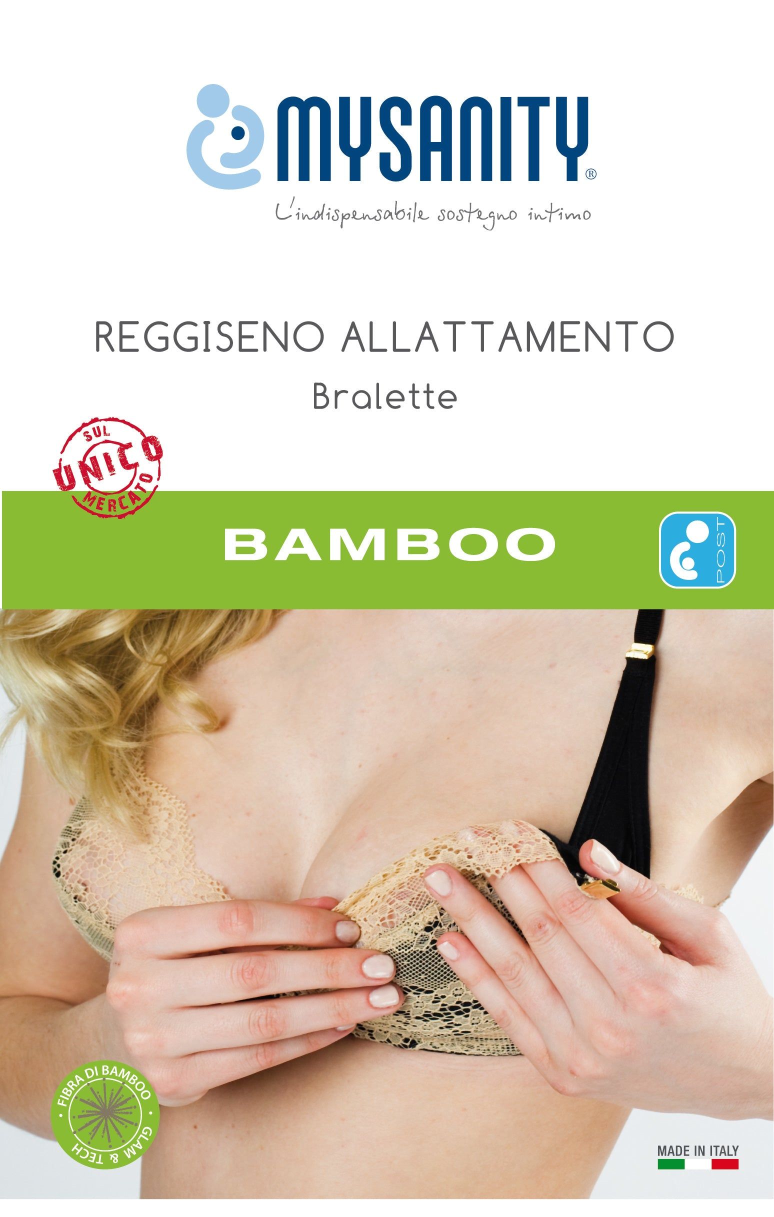 Bralette d'allaitement MYSANITY. Dentelle beige, bretelles noires. Emballage avec logo et texte. Matière bambou.