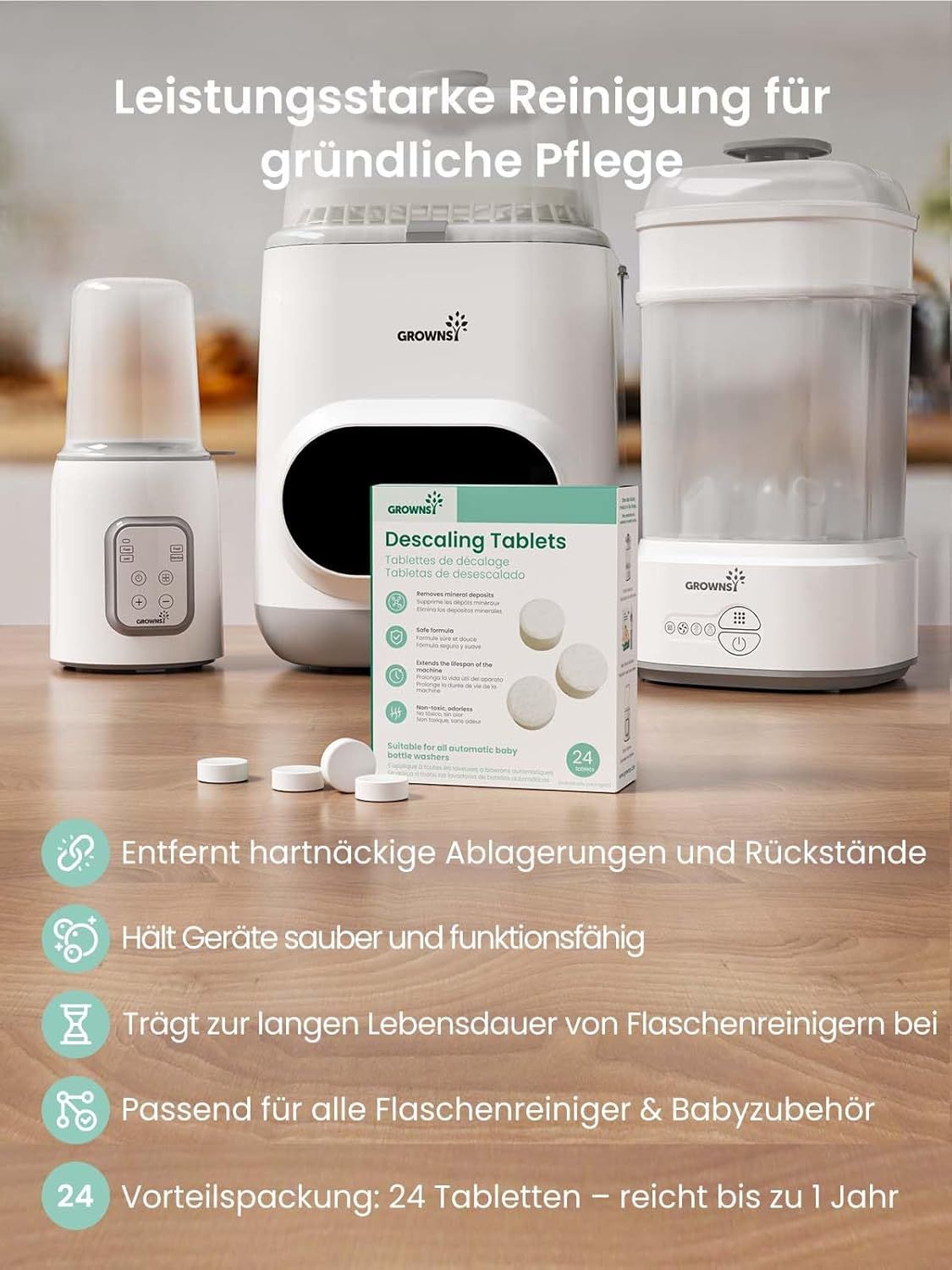 Comprimés détartrants Grownsy : Nettoyage puissant pour nettoyeurs de biberons et accessoires bébé.