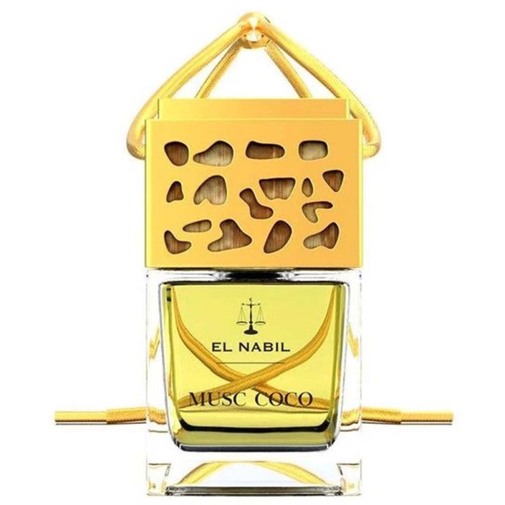 Gouden auto parfum hanger. Vierkante glazen fles met gele vloeistof. Opschrift: EL NABIL, MUSC COCO.