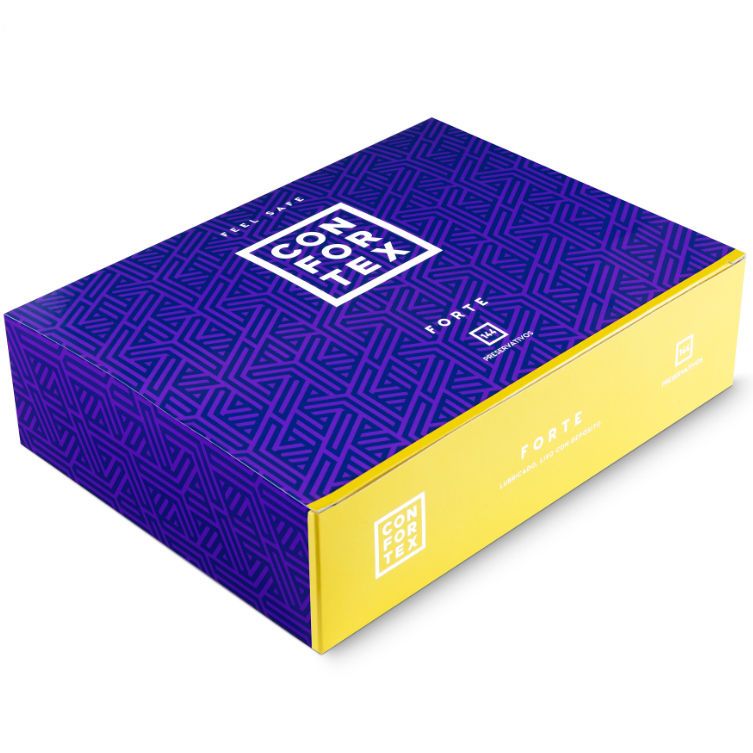 Boîte inclinée avec motif géométrique et texte "CONFORTEX FORTE". Couleurs jaune et violet.