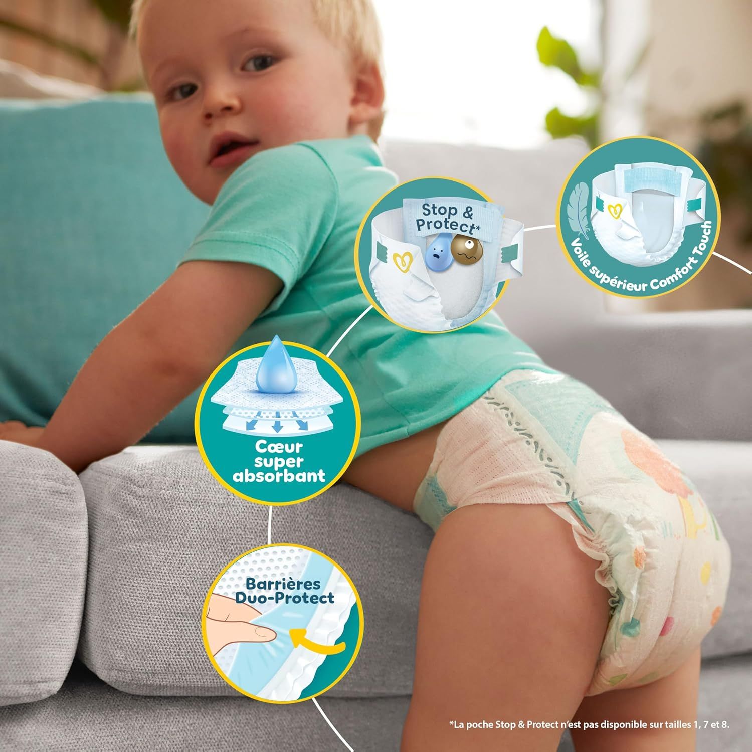 Couche Pampers Baby-Dry avec "Stop & Protect Pocket", "Cœur super absorbant", "Barrières Duo-Protect".