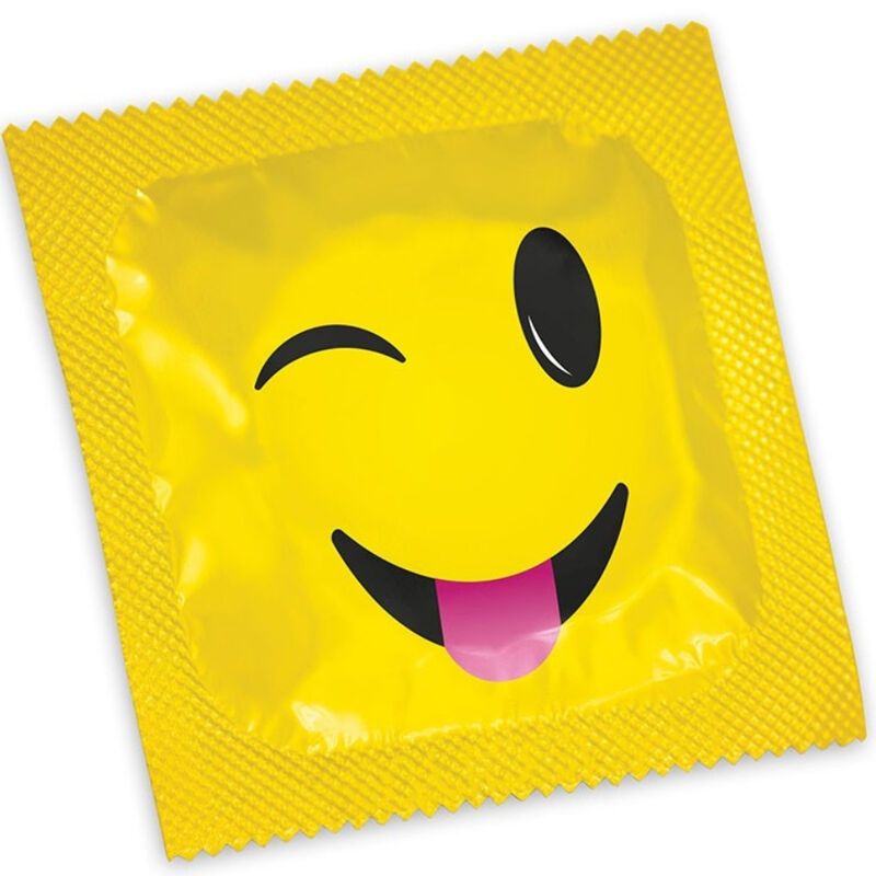 Gele individuele condoomverpakking met knipogende smiley. Gekartelde randen.