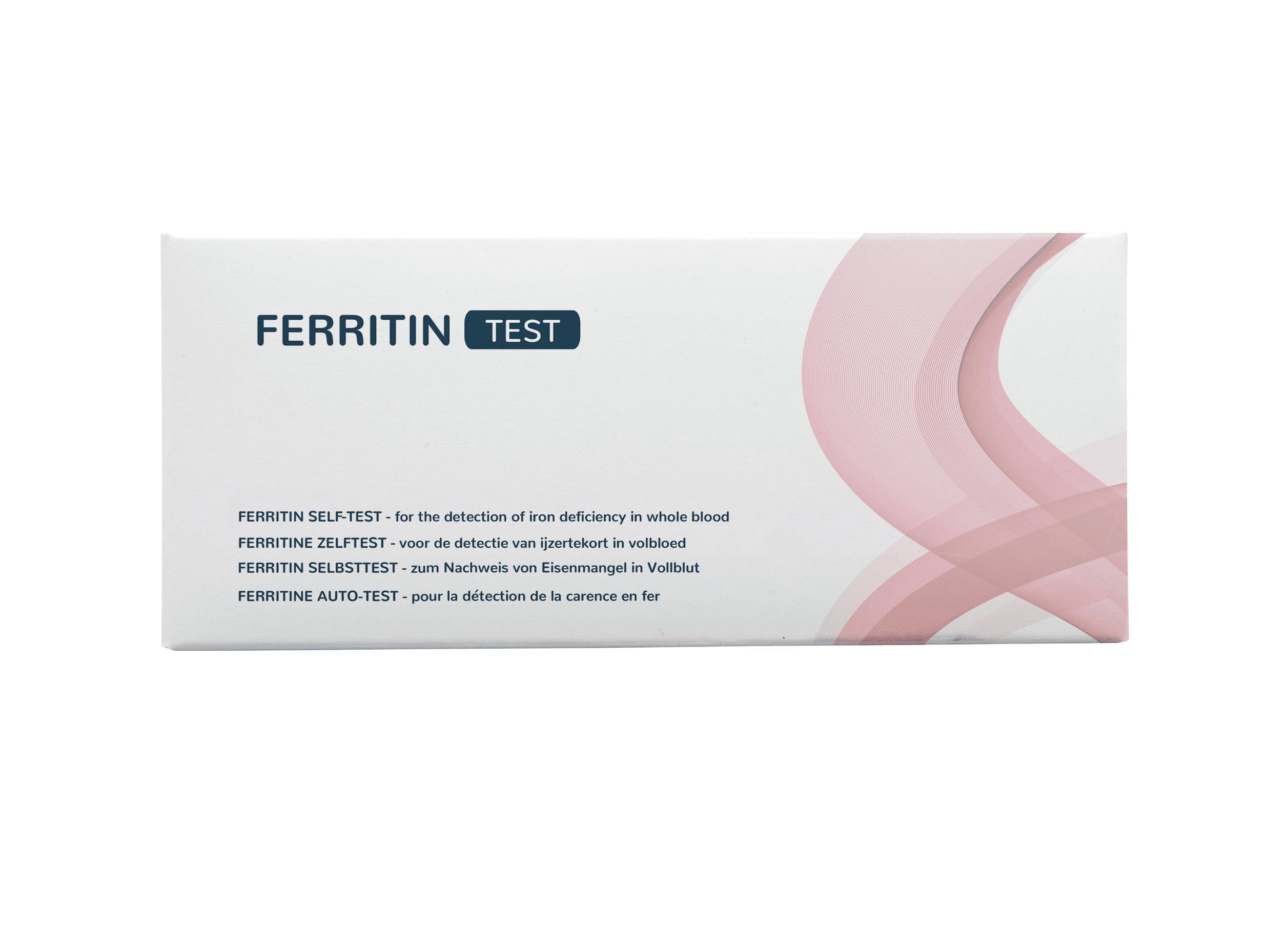 Emballage du test Ferritine auto-administré à domicile. Indique le nom du produit et des descriptions multilingues.