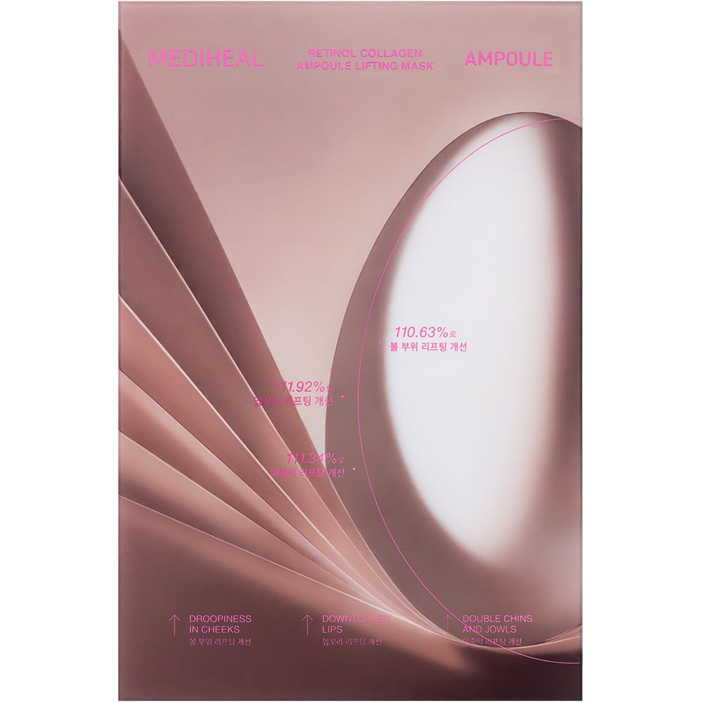 Emballage avec texte : "MEDIHEAL Retinol Collagen Ampoule Lifting Mask". Palette de couleurs rose. Diagrammes et texte.