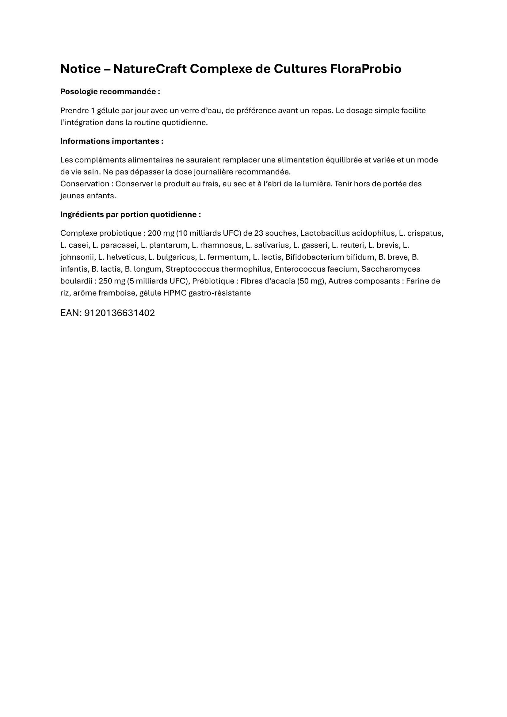 Texte sur fond blanc. Texte : NatureCraft, Complexe de Cultures FloraProbio. Posologie.