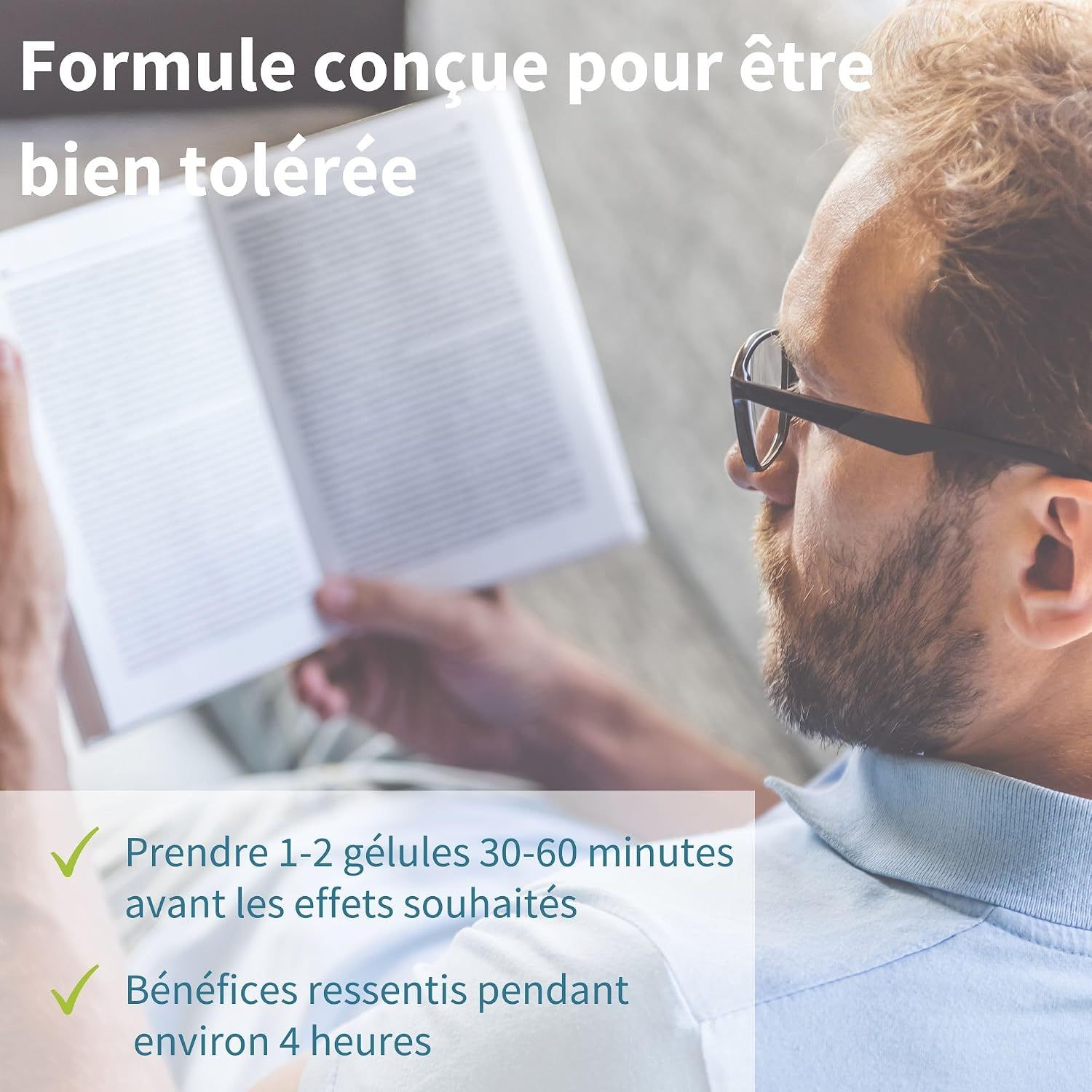 Homme lisant un livre. Instructions de prise pour les gélules Focus.