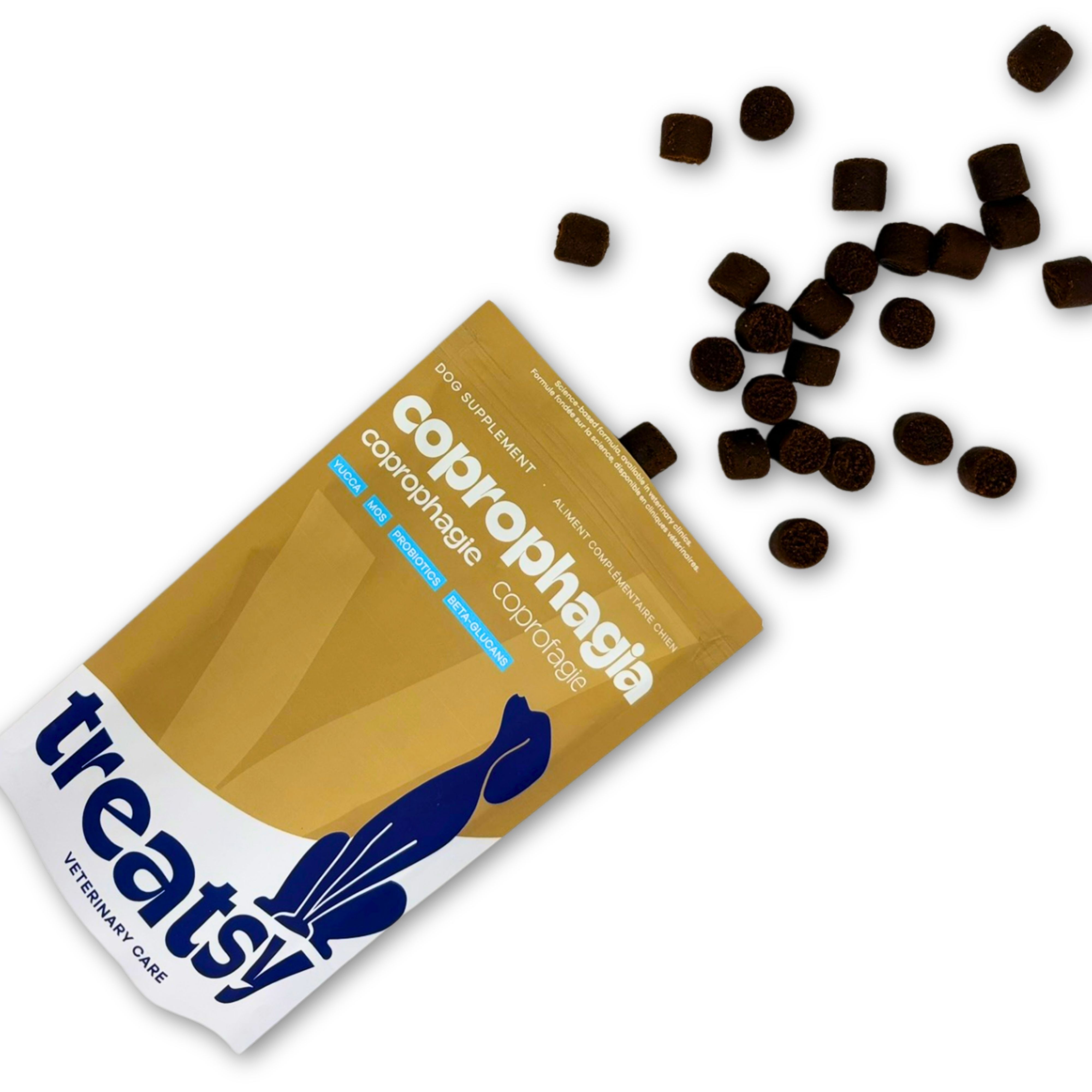 Sachet de comprimés bruns. Inscription: Treatsy, Coprophagia. Silhouette de chien bleu.