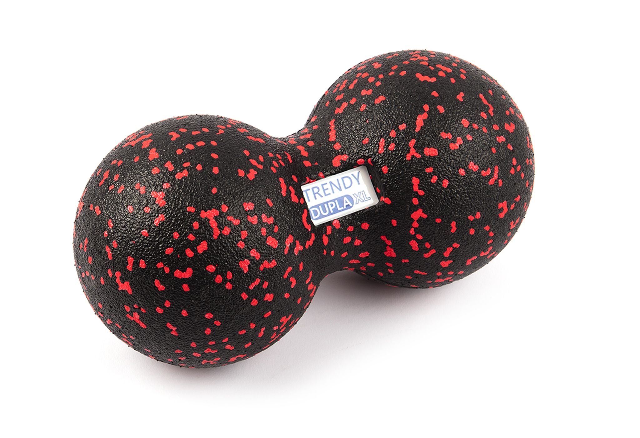 Zwarte fascia duoball met rode stippen. Het product heeft een label met de naam.