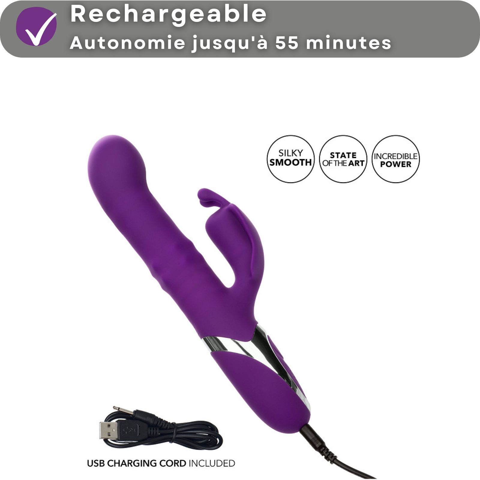 Vibrateur violet avec texte. Texte: Vibrateur avec fonction de poussée, 4 modes de poussée.