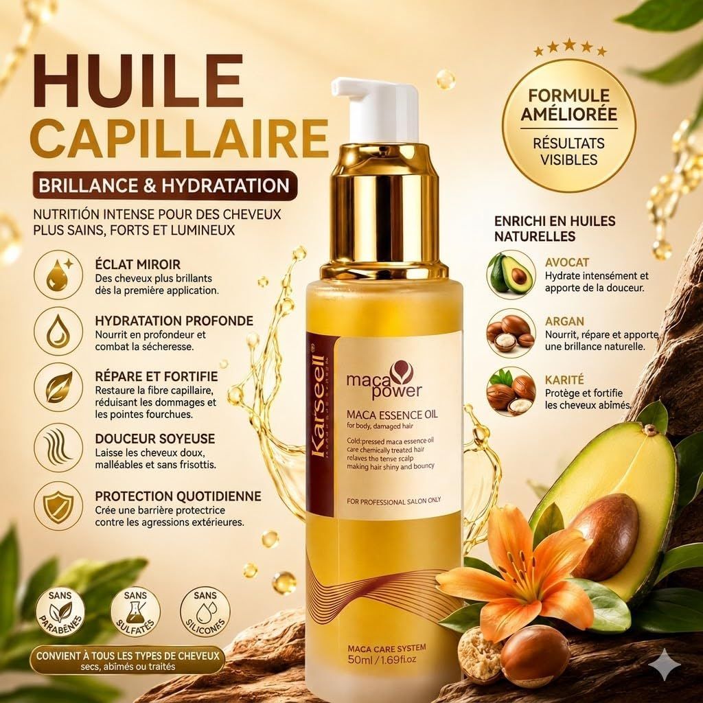 Flacon d'huile capillaire Karseeell Maca Essence, 50ml. Pompe dorée, huile jaune.