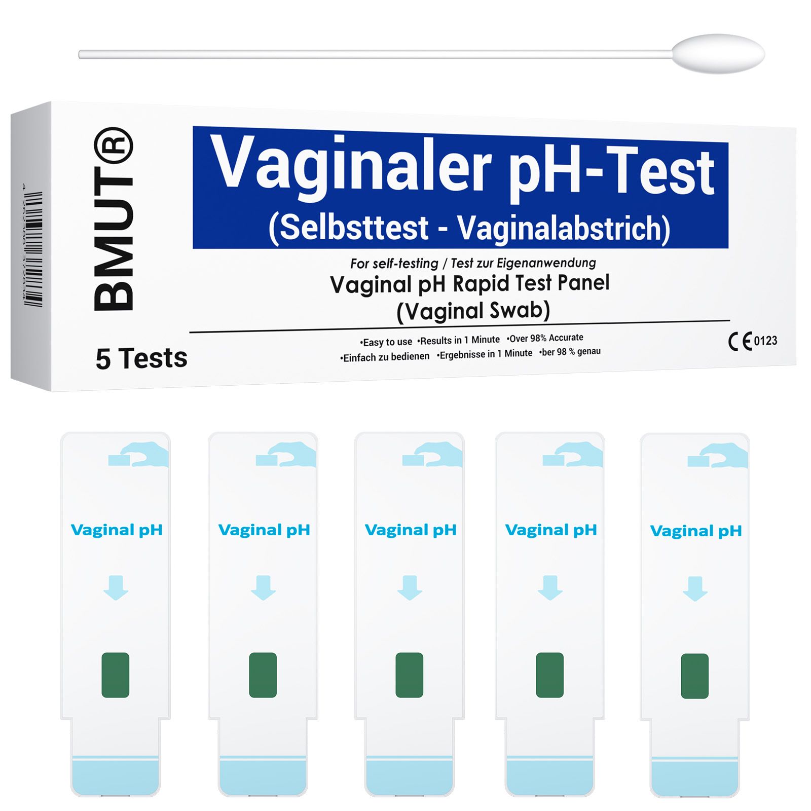 Verpakking met BMUT Vaginale pH-test, 5 tests, teststrips en wattenstaafje. Opschrift: Vaginale pH-test (zelftest).