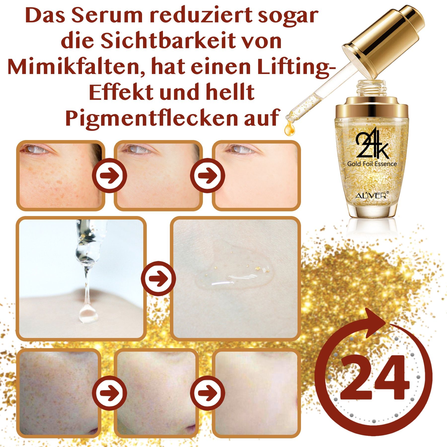 Gouden essencefles met pipet. Afbeeldingen tonen huidveranderingen. Opschrift: 24K Gold Essence, ALIVER.