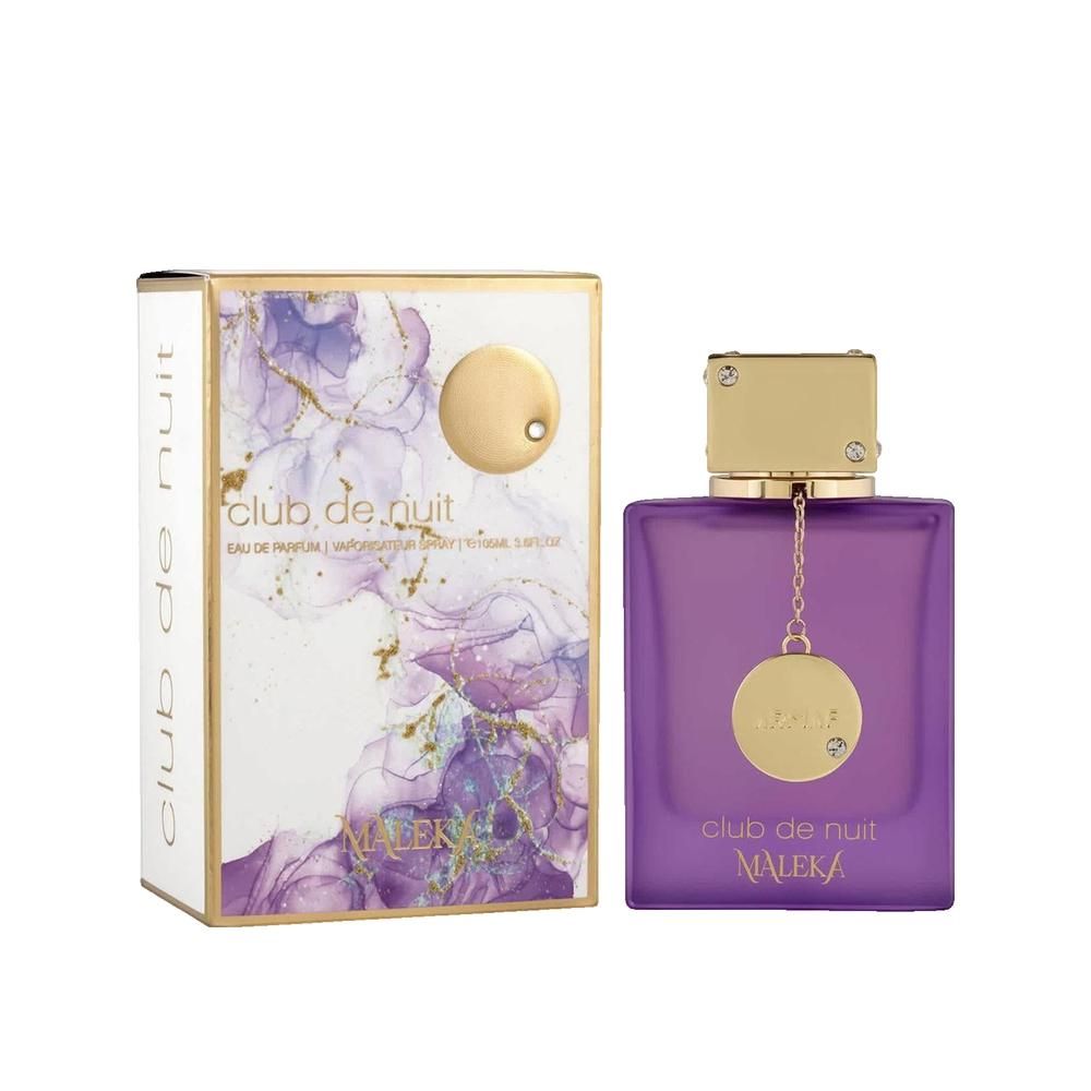 Flacon de parfum et emballage. Flacon violet, bouchon doré. Inscription: Club de Nuit Maleka. Emballage à motif floral.