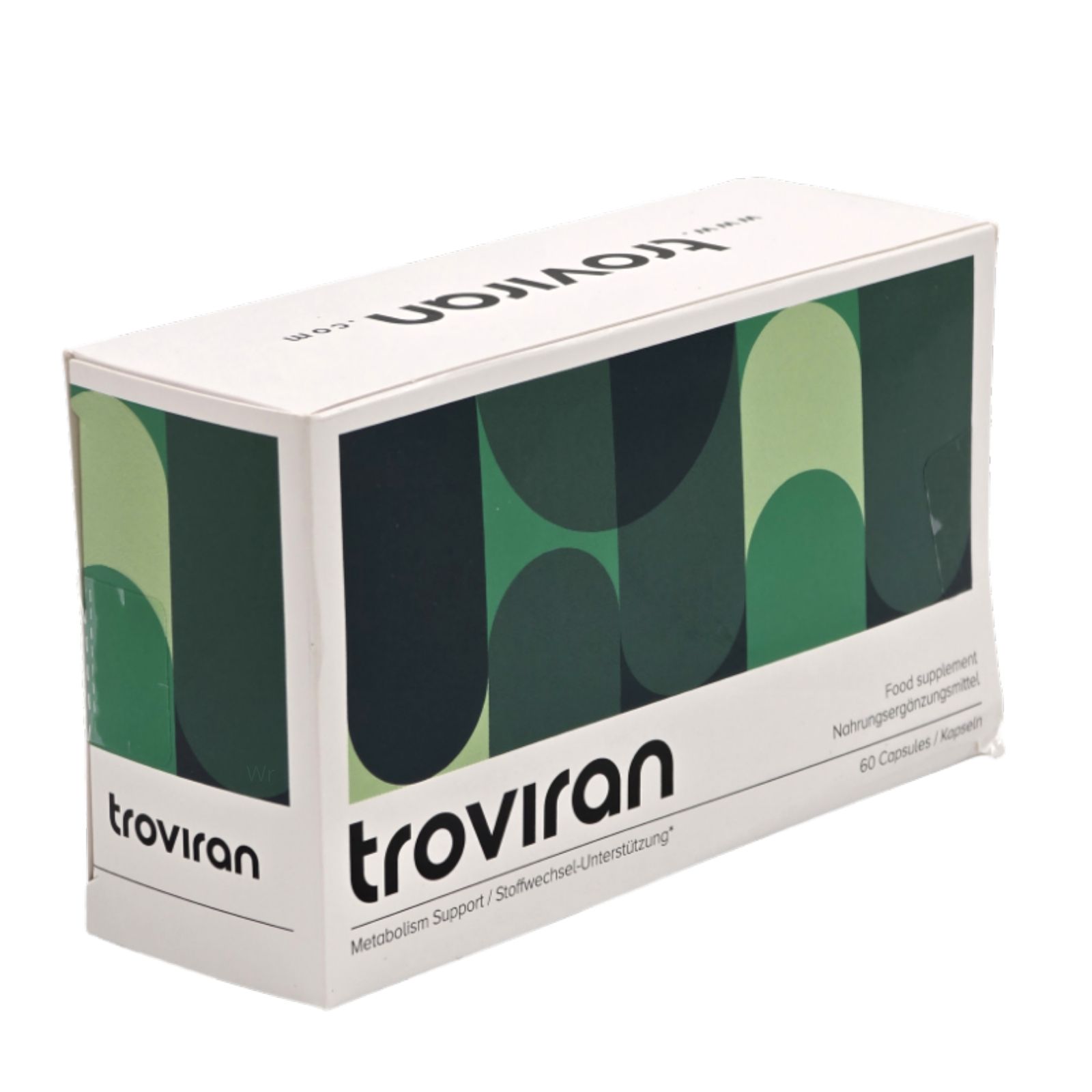 Boîte blanche avec motif vert et inscription "troviran". Contient 60 gélules. Inscription : "Metabolism Support".