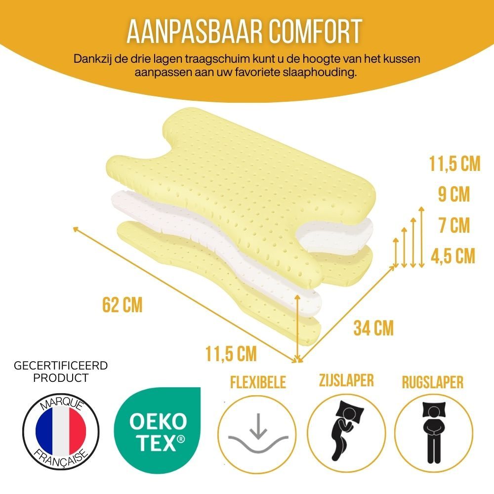 Kussen met drie lagen traagschuim. Afmetingen: 62x34 cm, verstelbaar. Gecertificeerd product, OEKO-TEX.